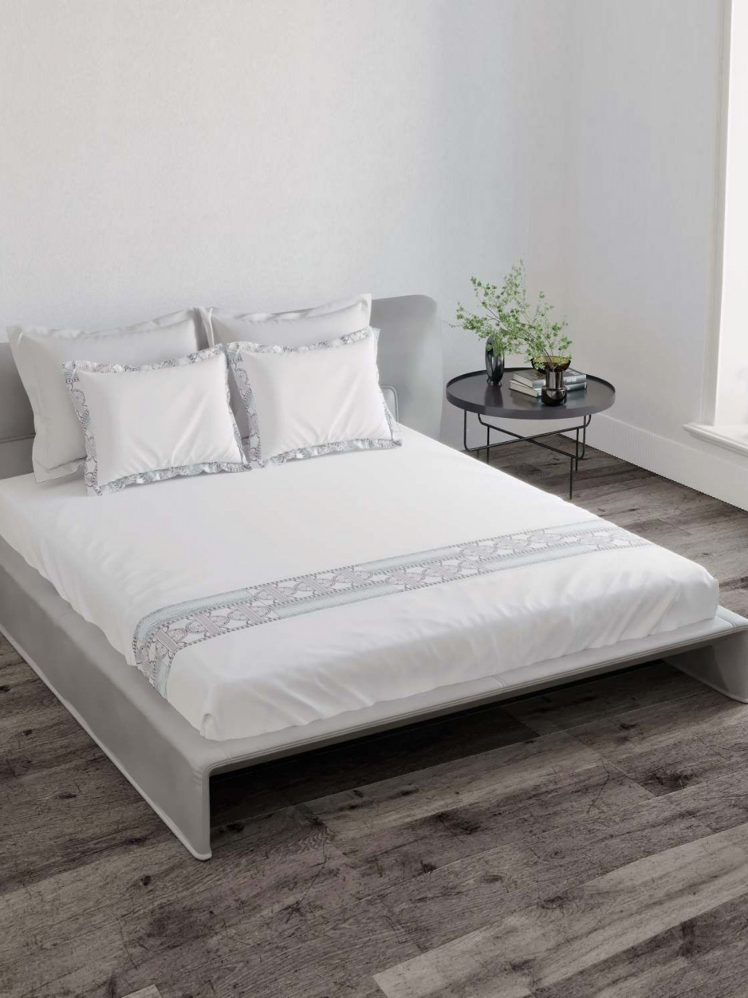 Triani White & Blue Printed Cotton 350 TC Super King Bedsheet Set-2.74 m x 2.74 m