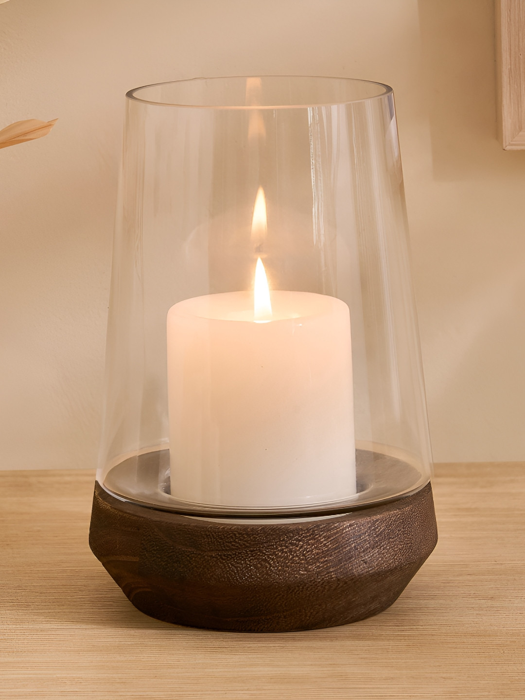 Home Centre Oyster Auralis Transparent & Brown Glass Candle Holder With Base