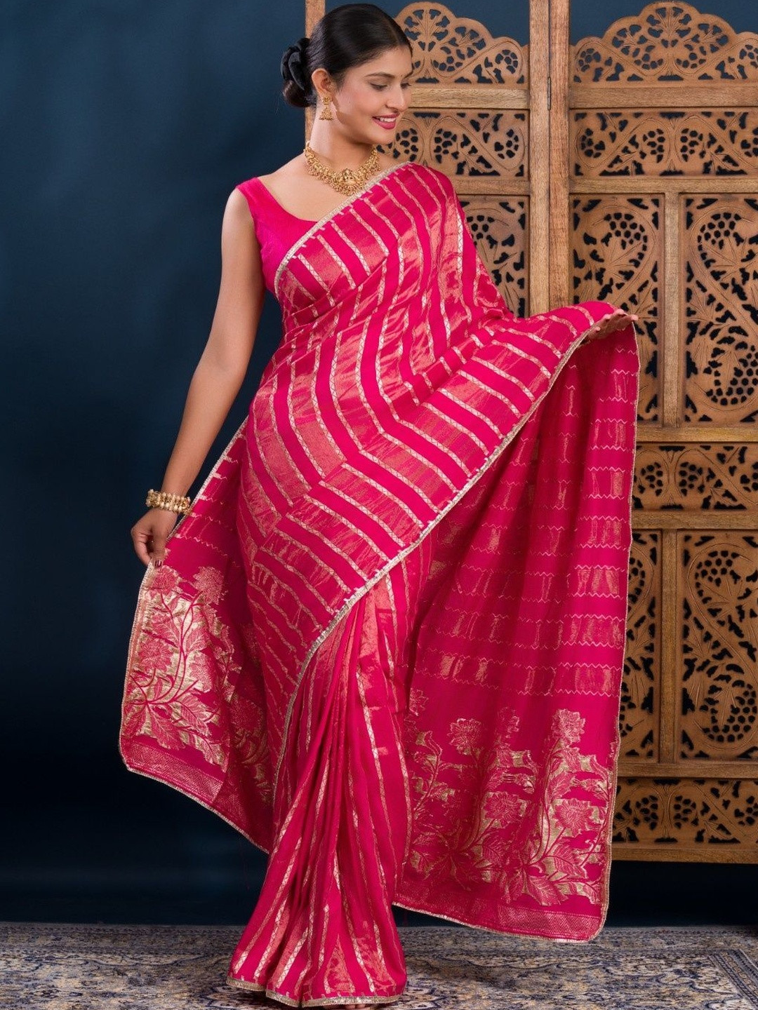 KCPC BANDHANI Women Pink Woven Design Zari Silk Blend Saree
