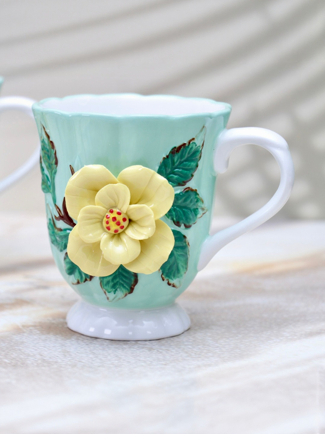 peppy little things Sea Green & Yellow Ceramic Floral Design Ceramic Cup