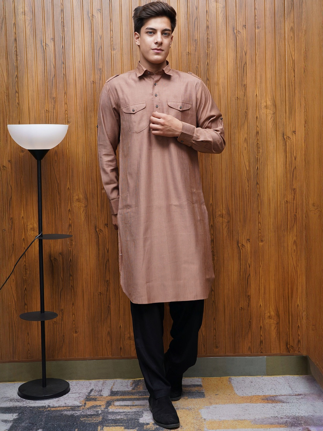 BETTINO Textured Shirt Collar Pathani Kurta With Pyjamas