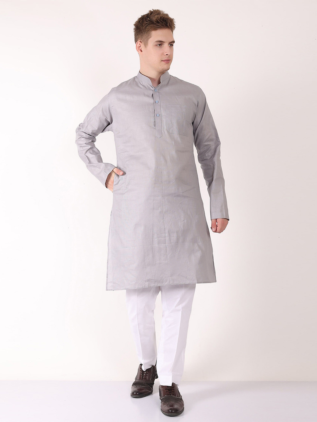 House Of Rama Men Band Collar Straight Cotton Kurta