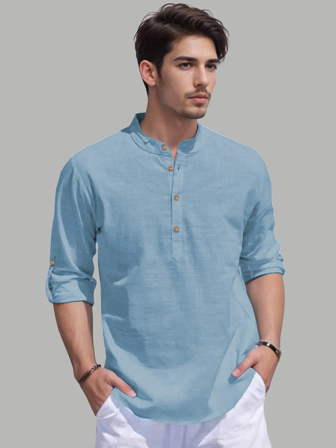TrendiVastra Band Collar Roll-Up Sleeves Stright Kurta