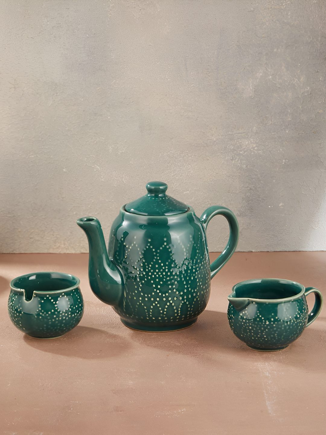Fabindia Nafisa Teal & Beige 3 Pieces Ceramic Teapot Set