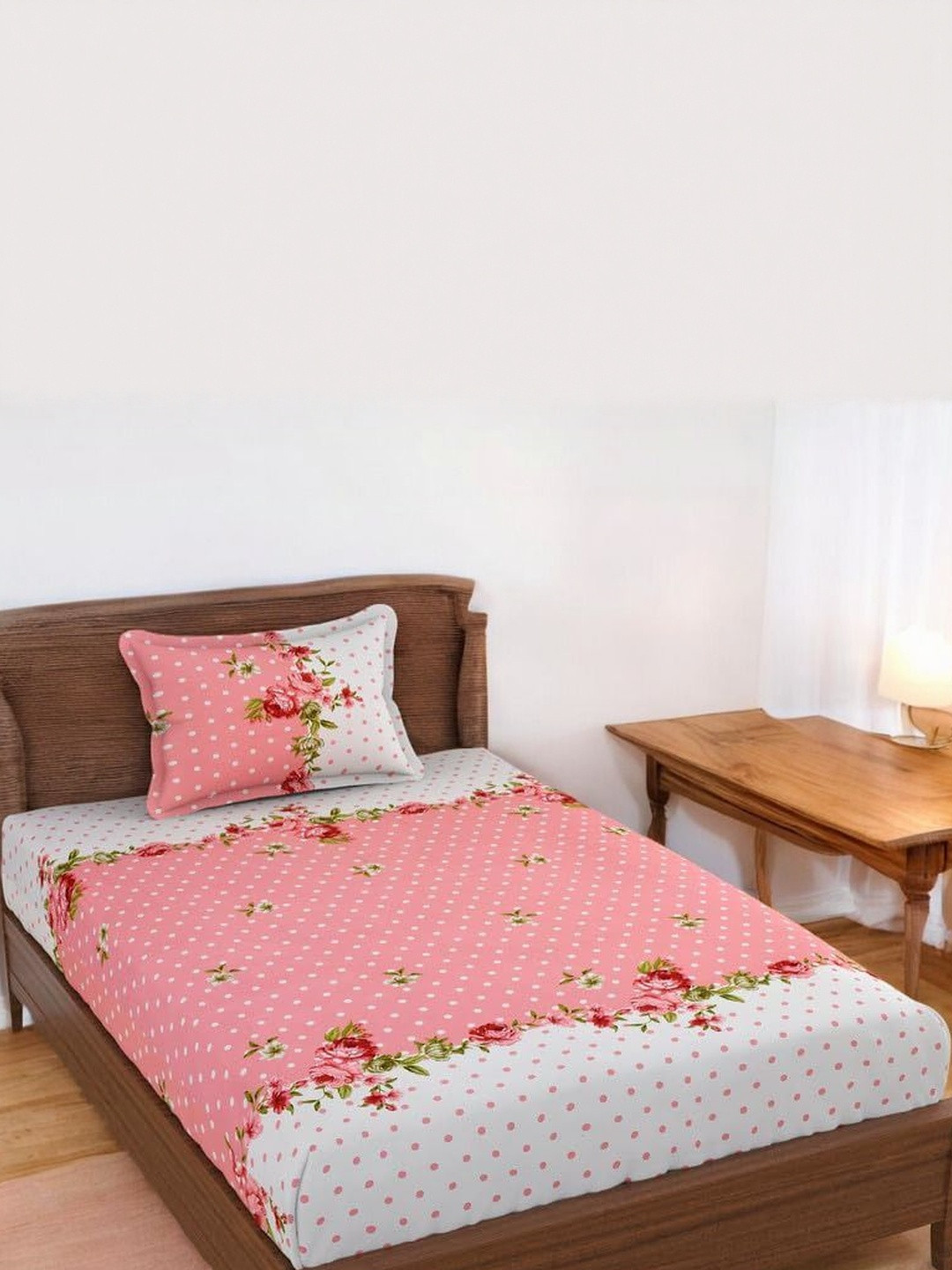 WELLNEST Pink & White 180 TC Cotton Single Bedsheet with 1 Pillow Cover 3.5X6.5