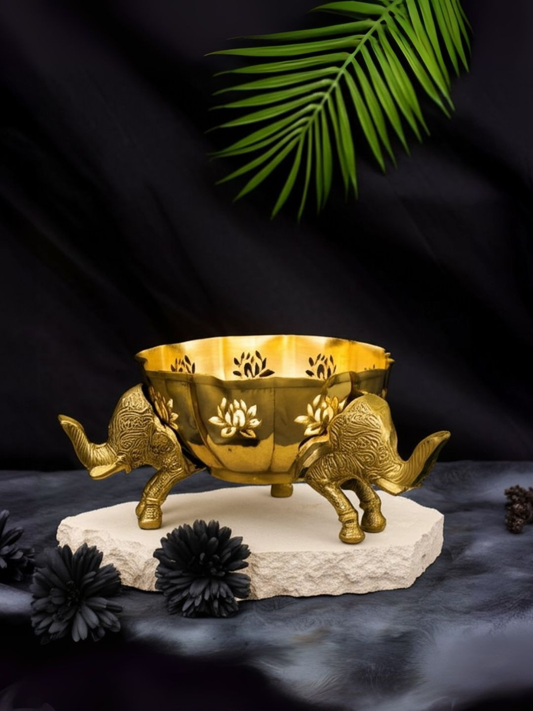Kreative Arts Wax Filled Gold Lotus Urli Bowl With Elephant Legs