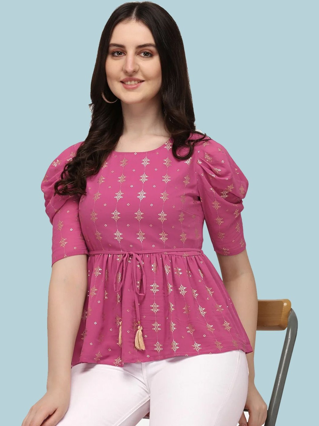 THE FAB FACTORY Print Puff Sleeve Ethnic Georgette Peplum Top