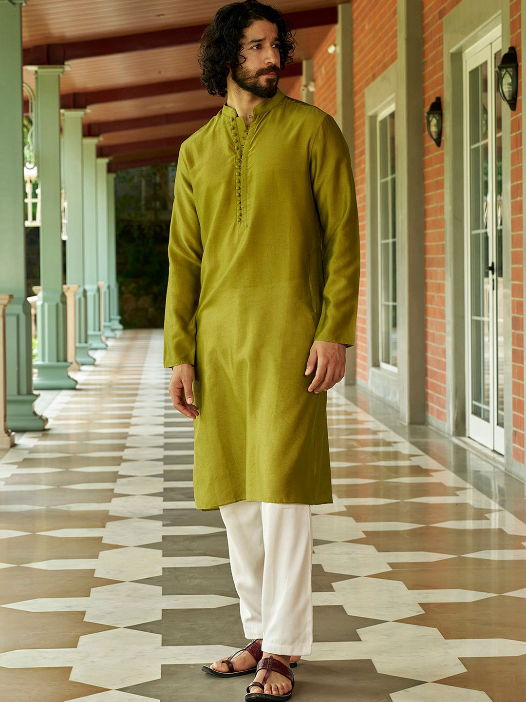 Andamen Men Band Collar Long Sleeves Cotton Straight Mid Length Kurta-S-Reg