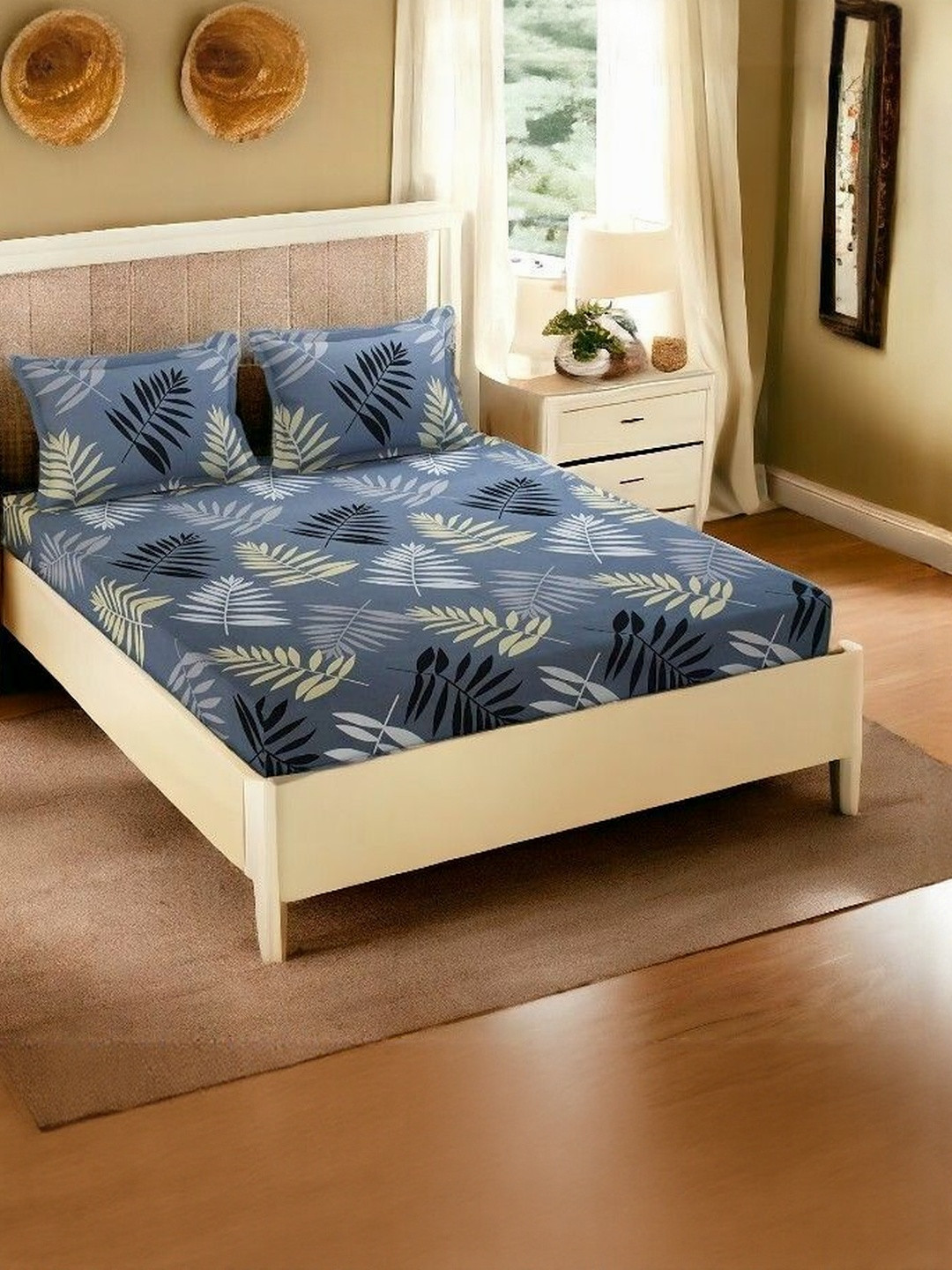 WELLNEST Blue & Beige Floral Print 170TC Cotton Double Size Bedsheet with 2 Pillow Covers