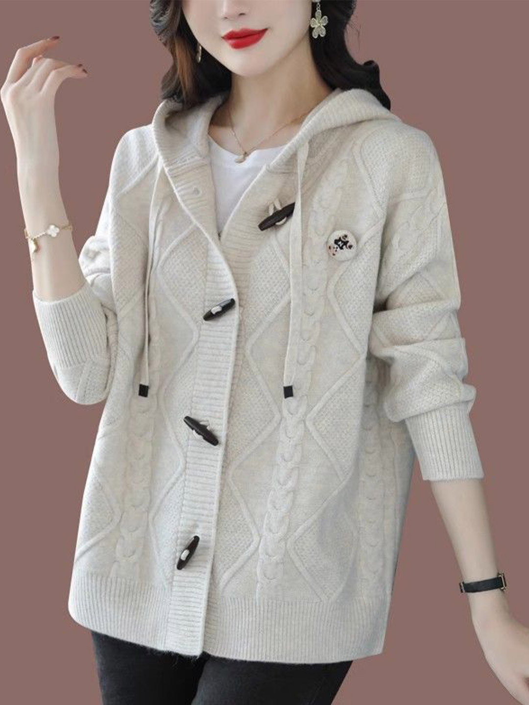 StyleCast Chevron Self Design Hooded Long Sleeves Button Detail Cardigan Sweater