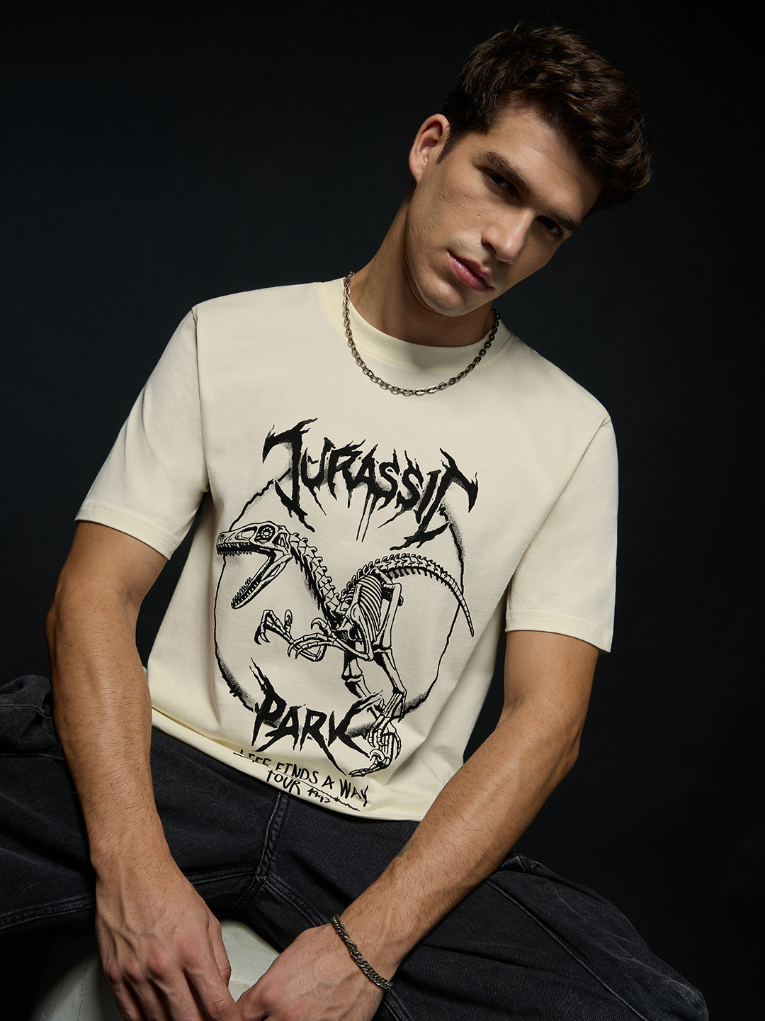 The Souled Store Jurassic Park Rockstar Raptor Printed Relaxed Fit Pure Cotton T-Shirt