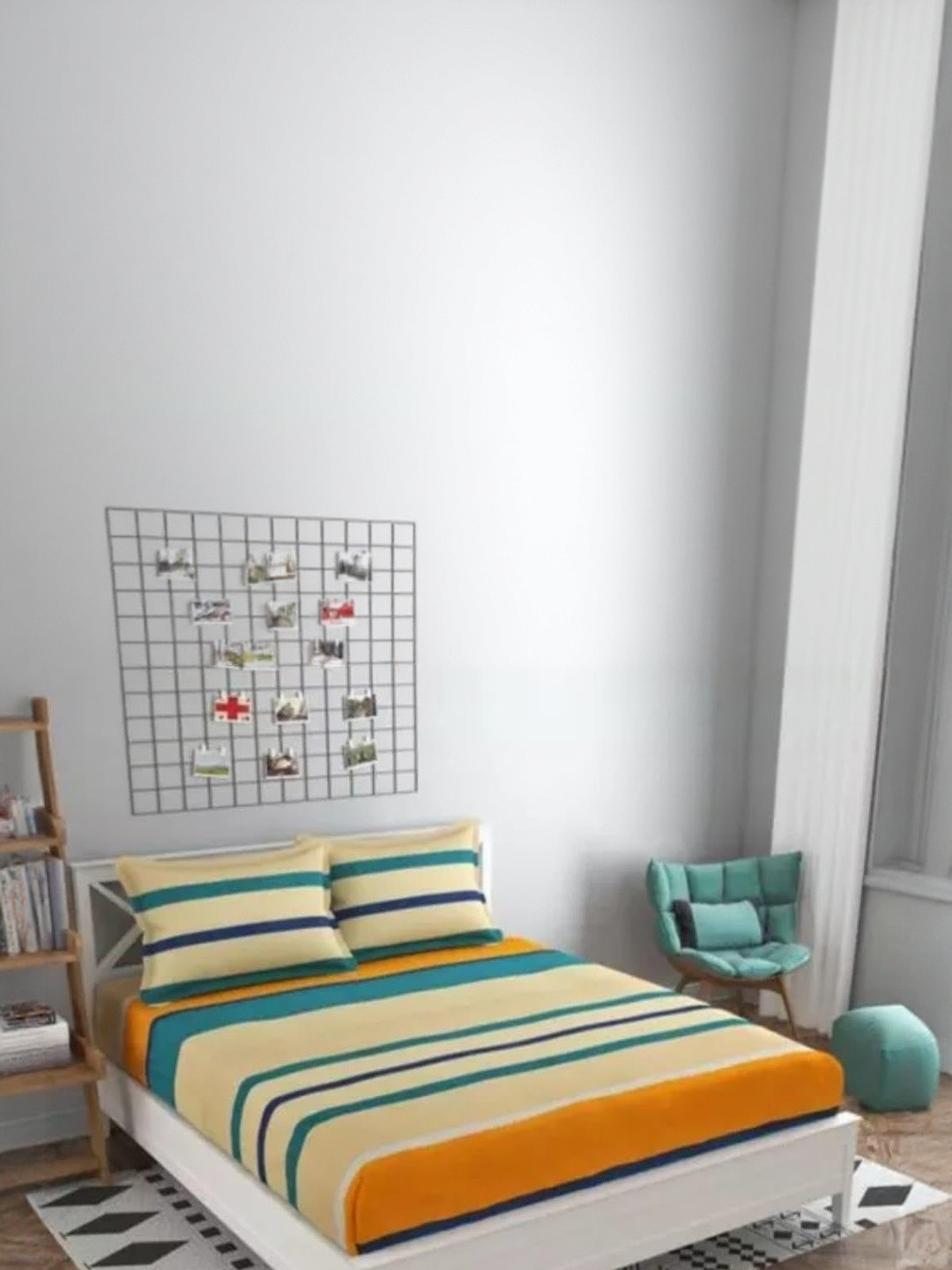 NEW TOWN Printed 210 TC Cotton Elastic Fitted King Double Bedsheets With 2 Pillow Covers