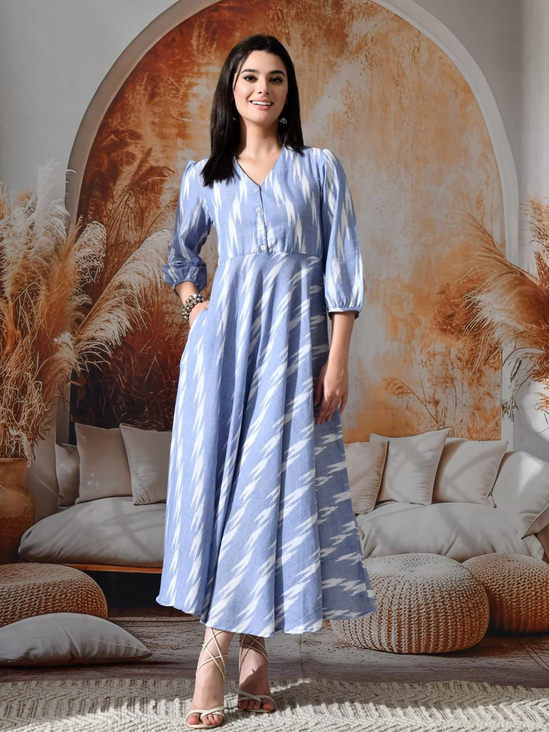 DECKEDUP Ikat Printed Puff Sleeves Fit & Flare Cotton Maxi Dress