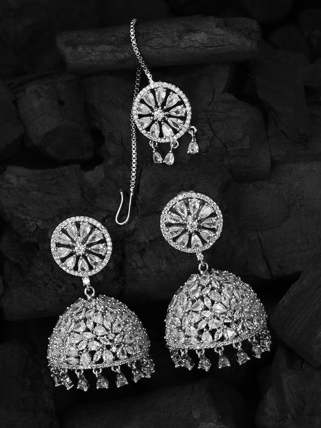 Adwitiya Collection  24 CT Silver Plated Handcrafted Maang Tikka With Jhumkas