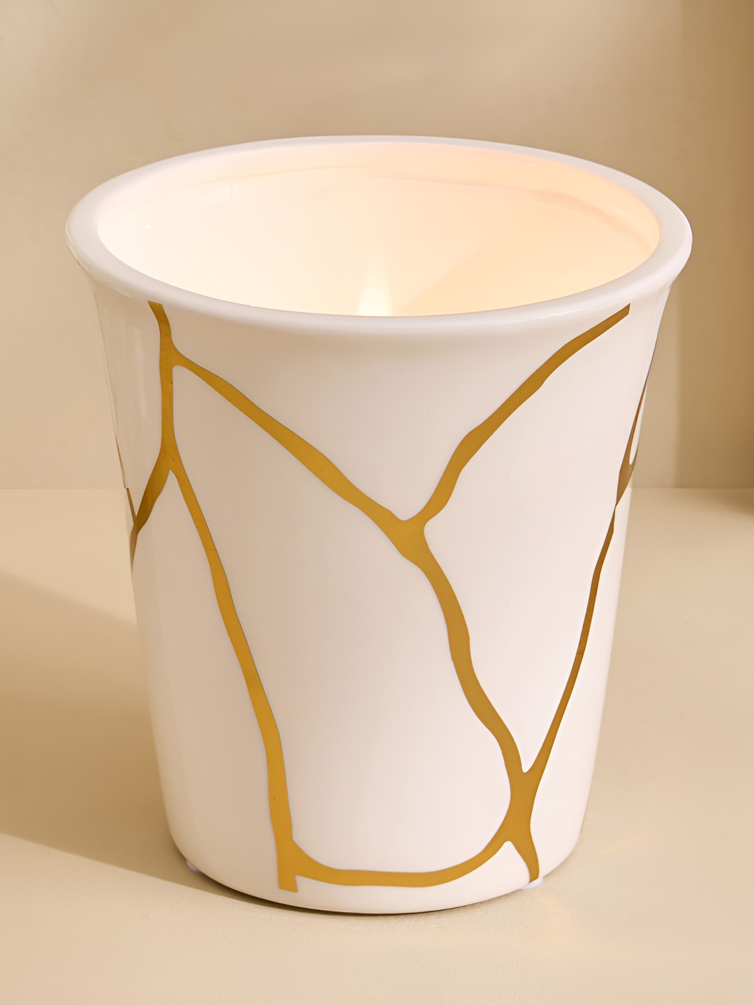 Home Centre Oro Kinsuki White & Gold Toned Printed Ceramic Candle Holder