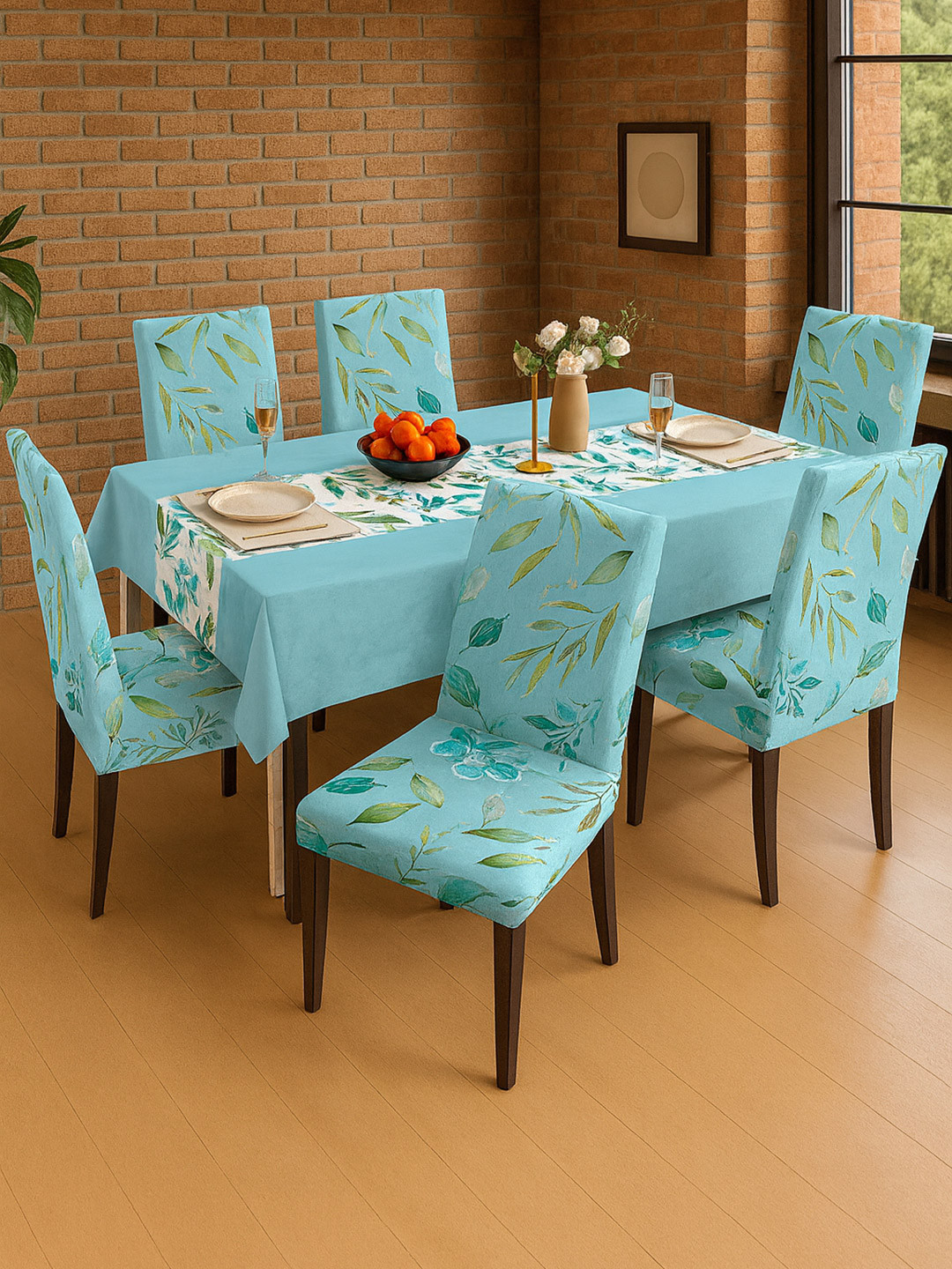 Cortina Turquoise Blue & White 7 Pieces Nature-Themed Printed Table & Chair Covers