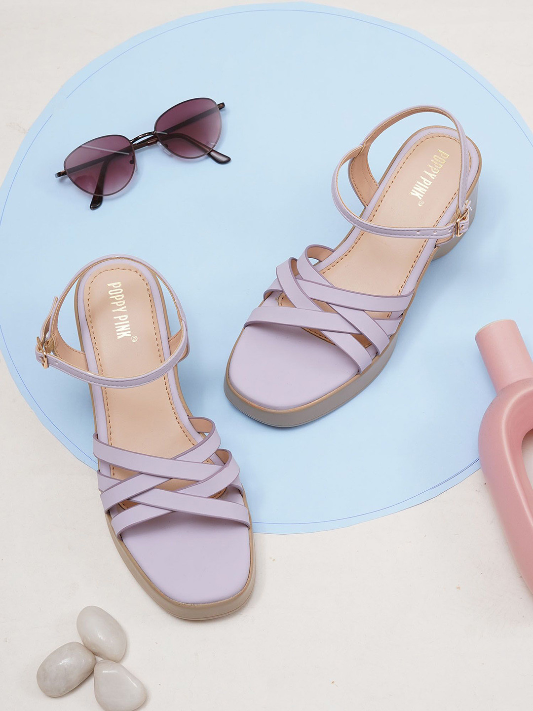 POPPYPINK Women Open Toe Wedge Sandals with Buckle