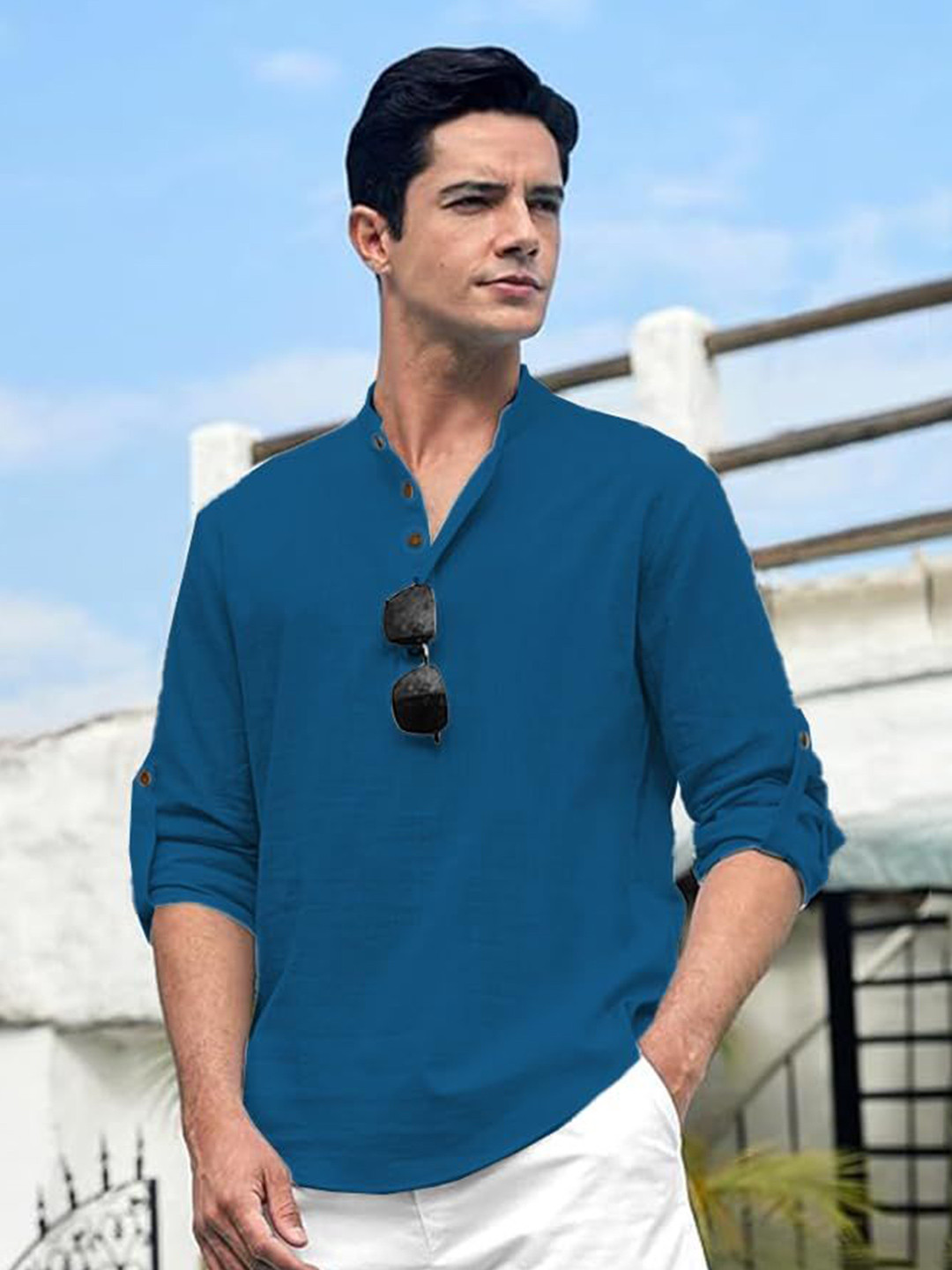 TrendiVastra Mandarin Collar Long Sleeves Cotton A-Line Short Kurta