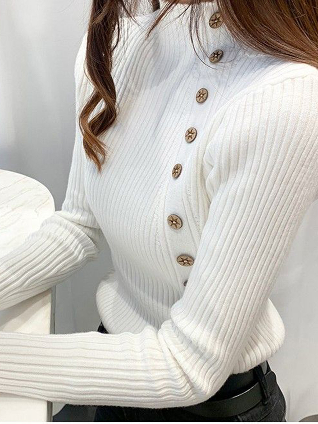 StyleCast Women Ribbed Asymmetrical Button Long Sleeves Pullover
