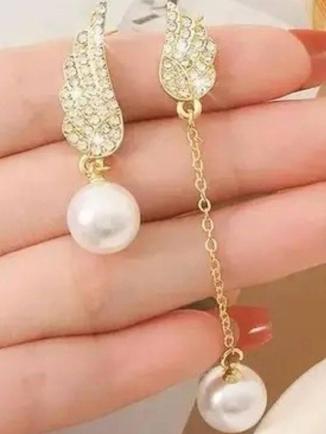 styledose Sterling Silver Gold-Plated Stones Studded Korean Mismatch Feather Drop Earrings