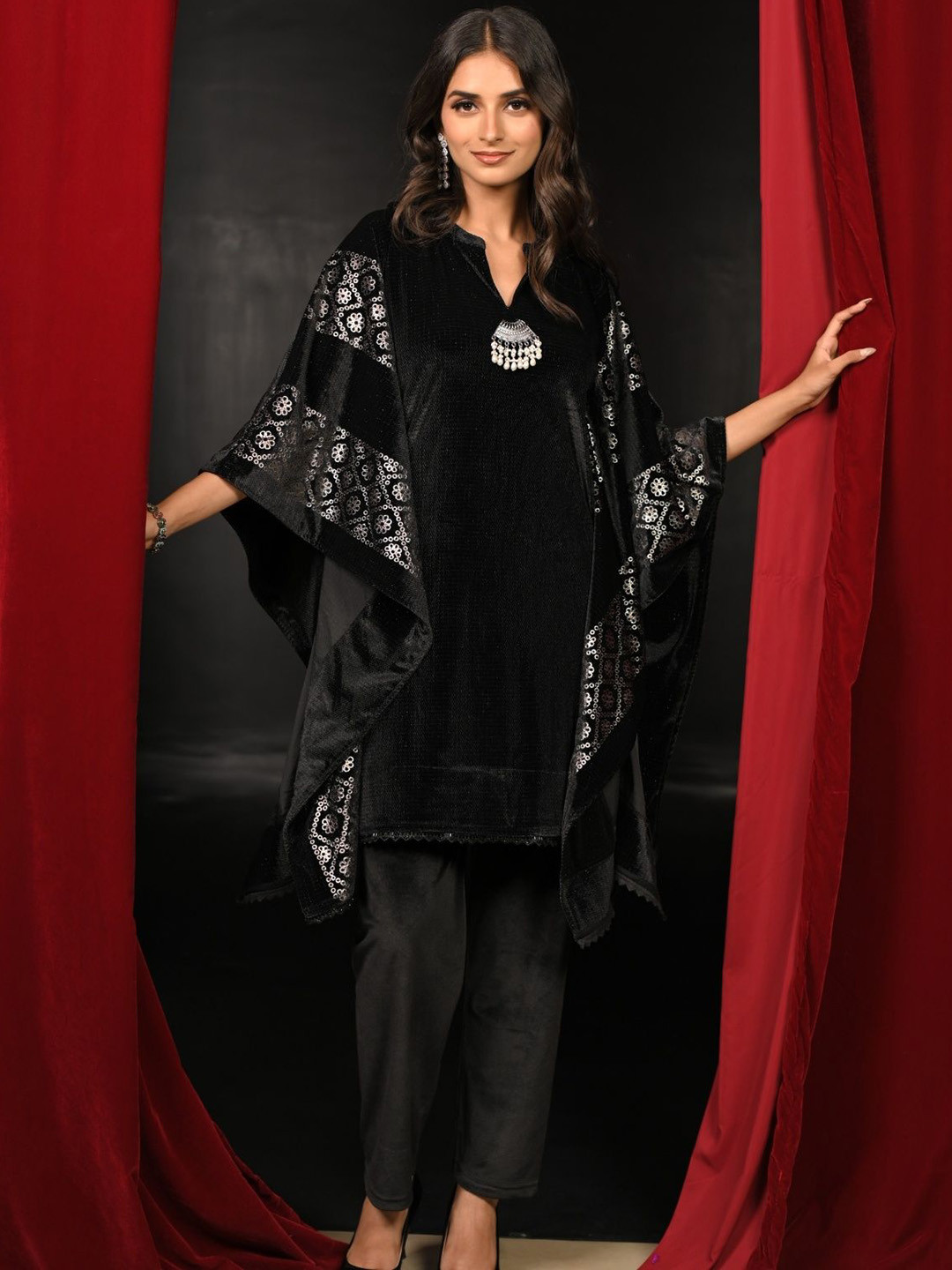 Embroidered Ethnic Velvet Tunic with Trousers