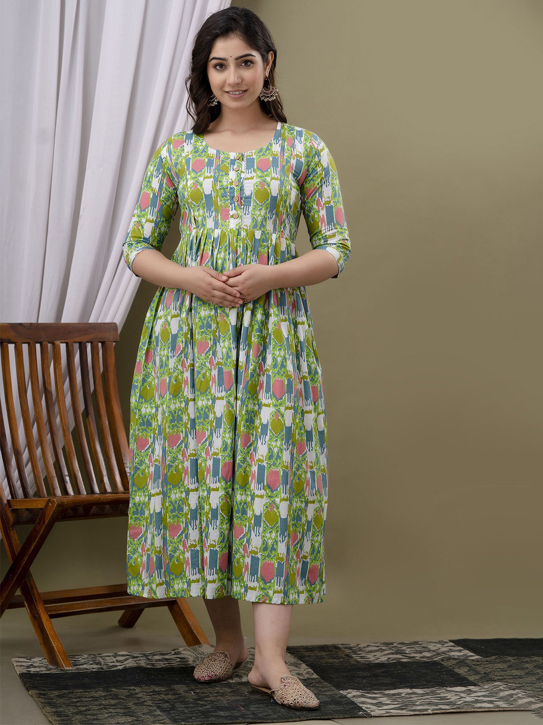 FACON GRAVIDA Abstract Printed Fit and Flare Cotton Maternity Midi Dress