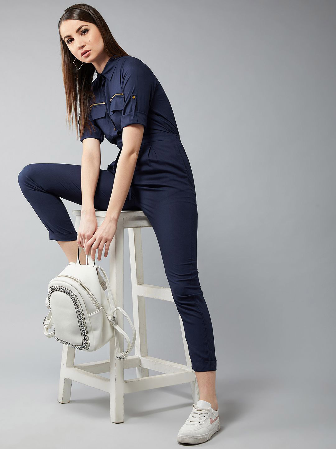 Miss Chase Women Mandarin Collar Short Sleeves Straight Leg Tie-Up Jumpsuit