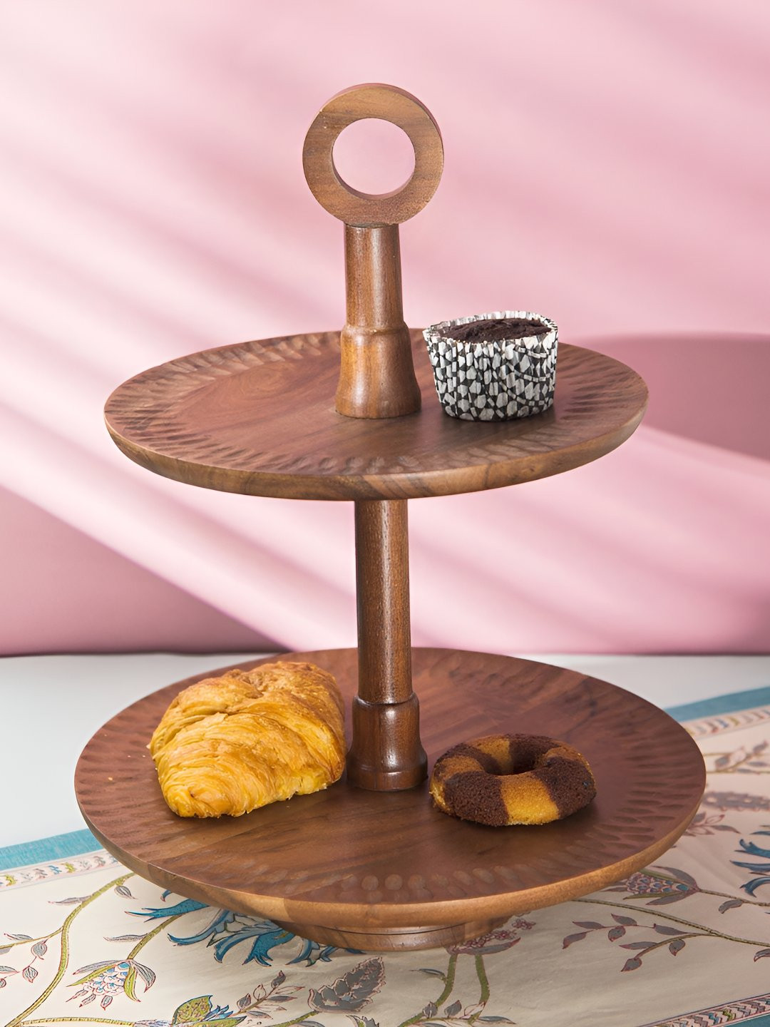 Fabindia Mahir Brown & Beige Wooden 2-Tier Serving Tray