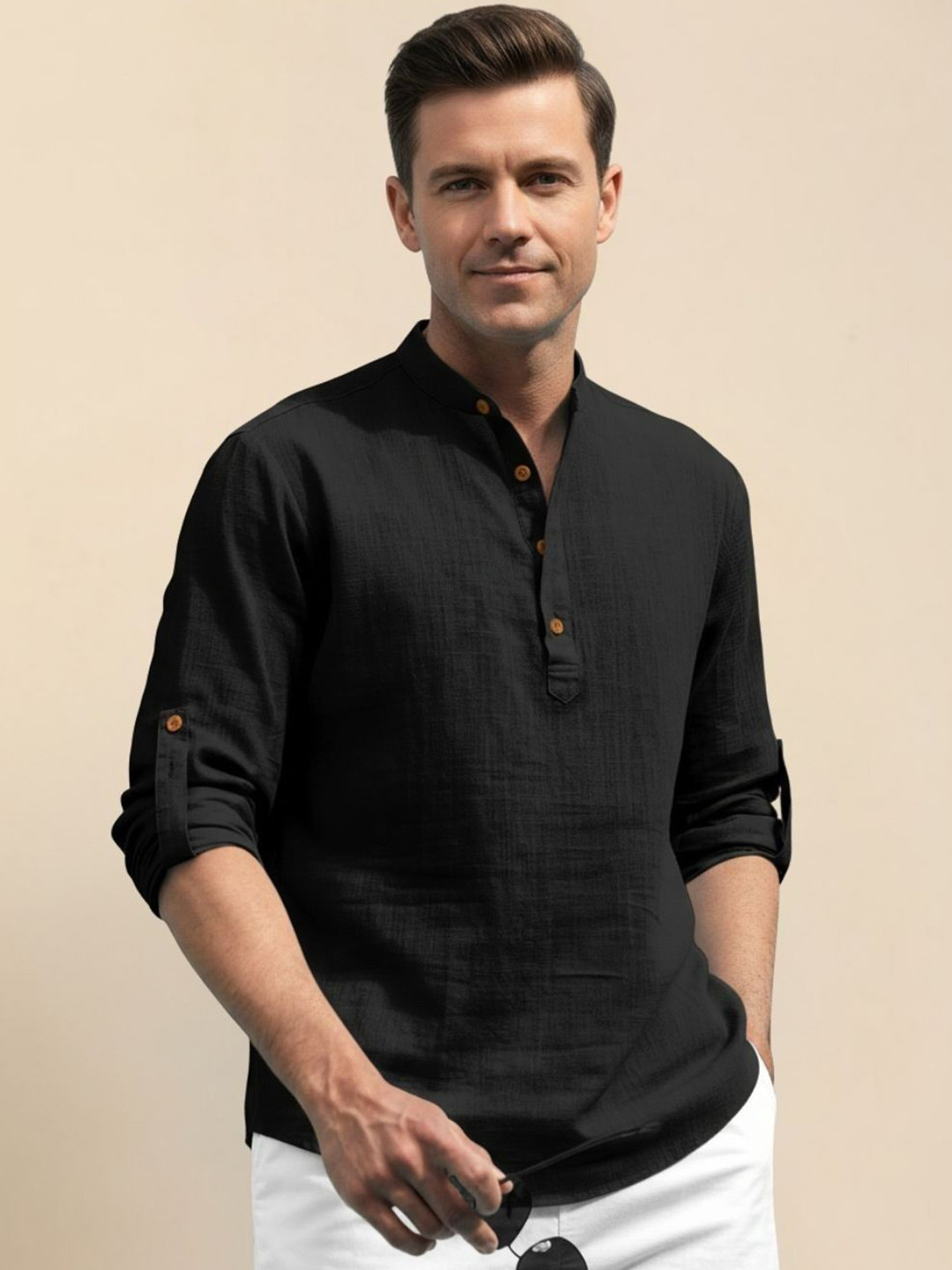 Zee Gold Men Solid Band Collar Straight Short Cotton Kurta