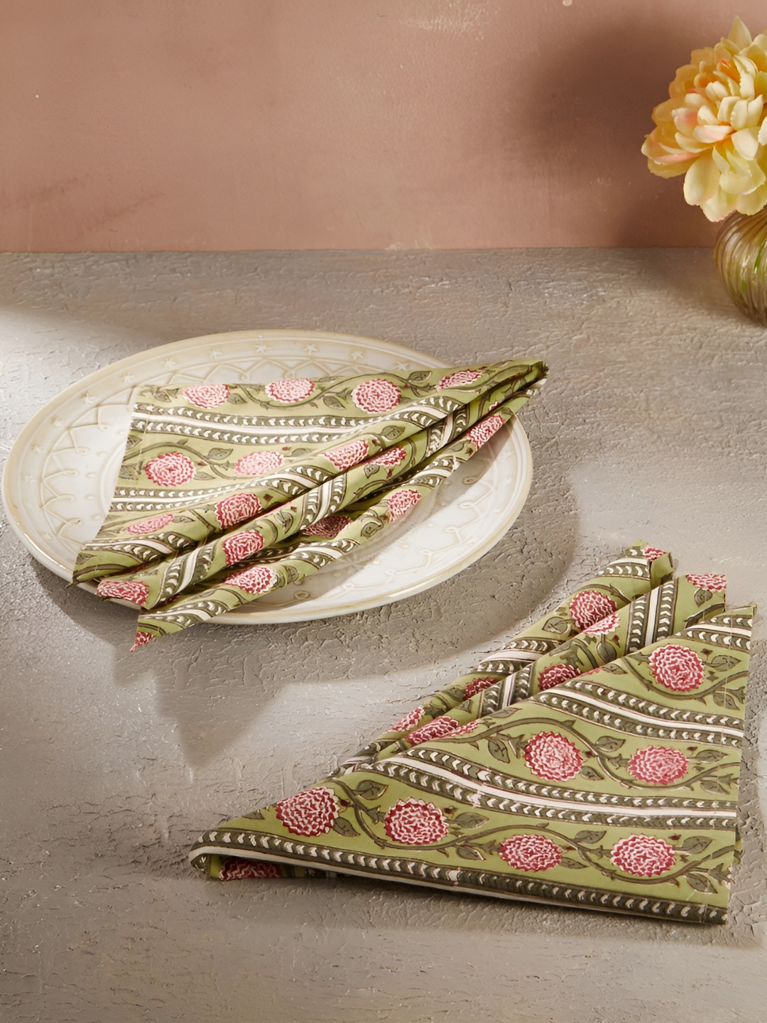 Fabindia Nazm Green & Red 6 Pieces Hand Block Printed Cotton Table Napkins