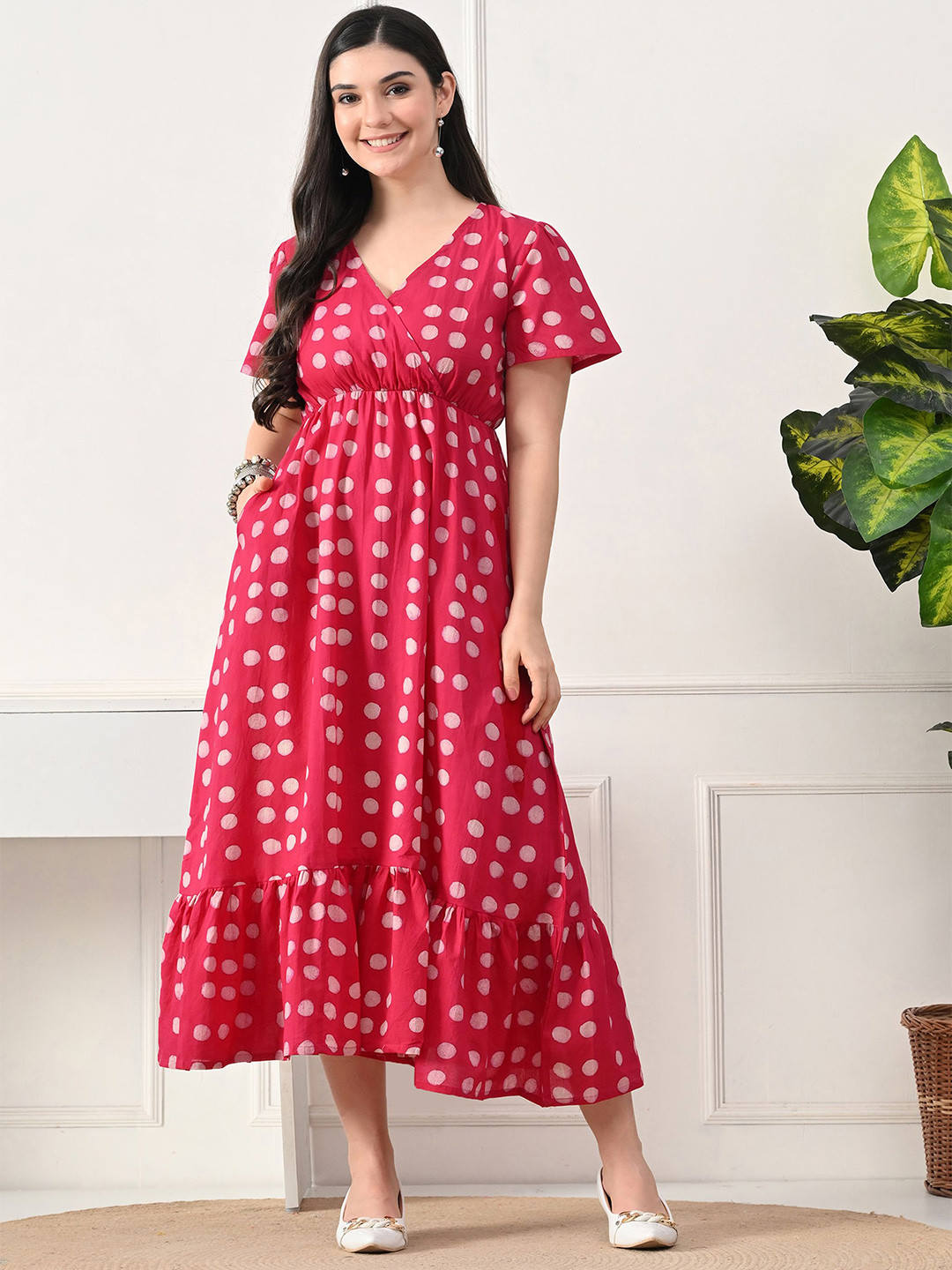 DECKEDUP Polka Dot Printed V-Neck A-Line Midi Dress