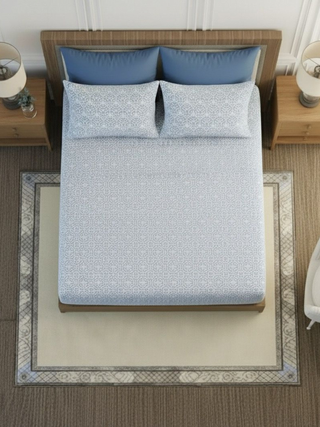 Triani Blue & White Geometric Printed Cotton 350TC Super King Bedsheet Set-2.74 m x 2.74 m