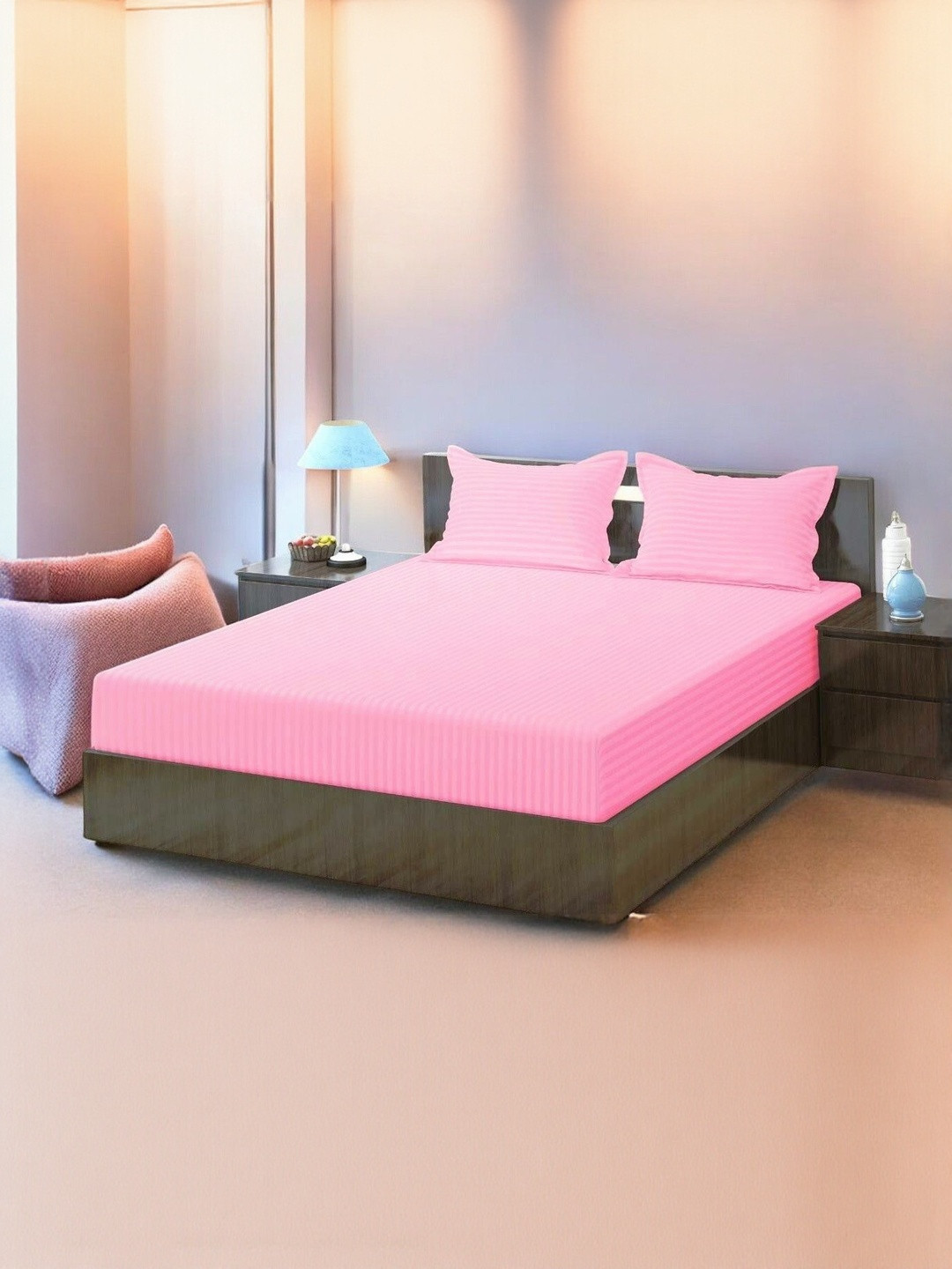 WELLNEST Pink 300 TC Cotton Striped Fitted Queen Bedsheets