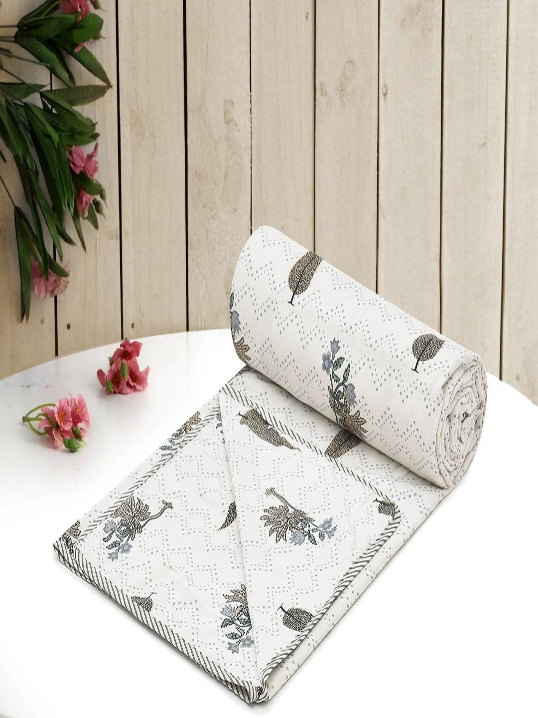 RRC Green Floral Printed AC Room 150 GSM Cotton 3 layered Single Dohar