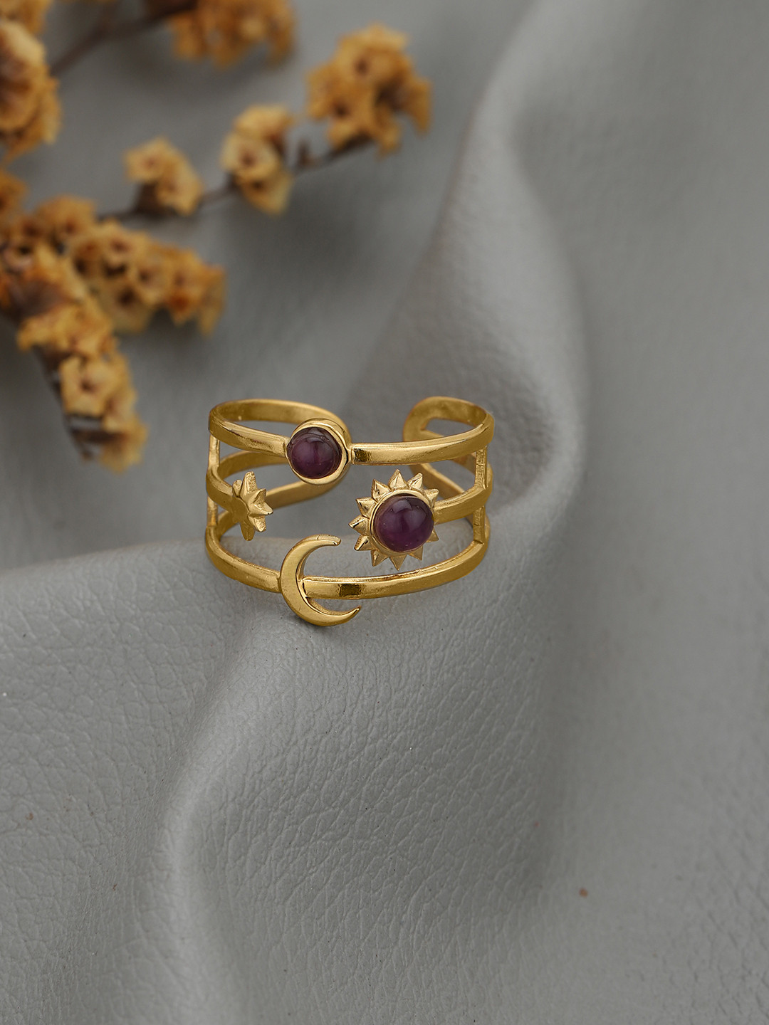 Carlton London Gold Plated Multi Layered Blue Glass Bead Moon and Star Adjustable Ring