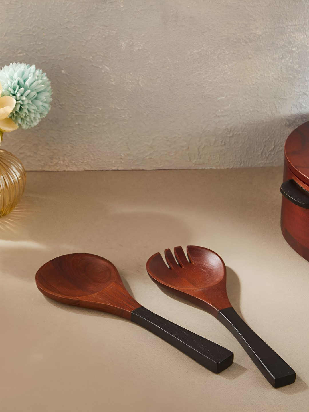 Fabindia Node Brown & Black 2 Pieces Wooden Serving Spoons