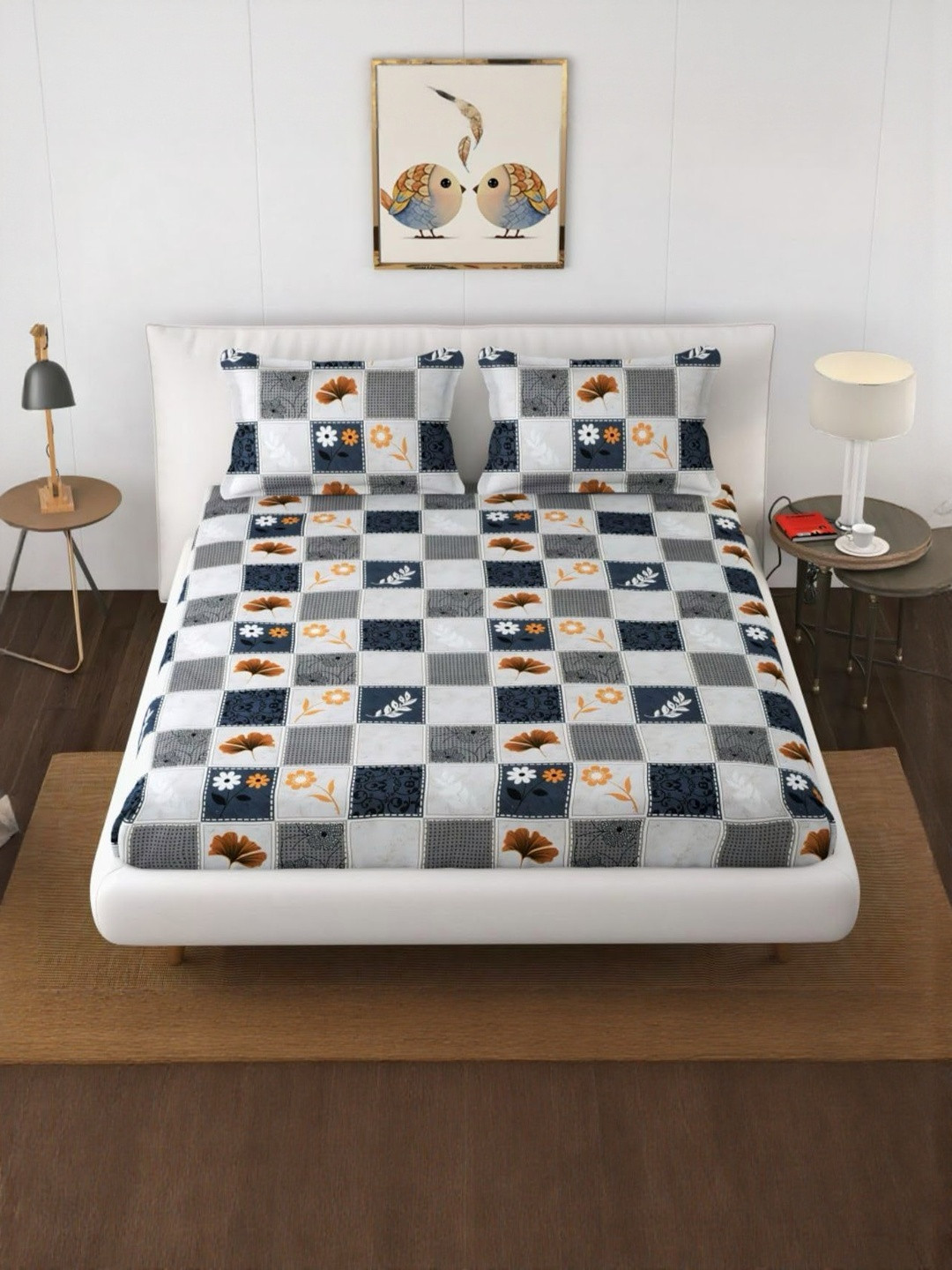 NEW TOWN Floral 210 TC Cotton Fitted King Bedsheets With 2 Pillow Covers