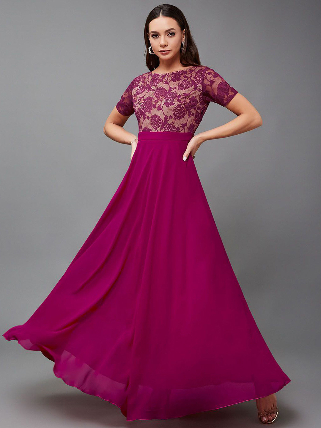 Miss Chase Women's Round Neck Half Sleeve Self-Designed Fit & Flare Georgette Maxi Dress