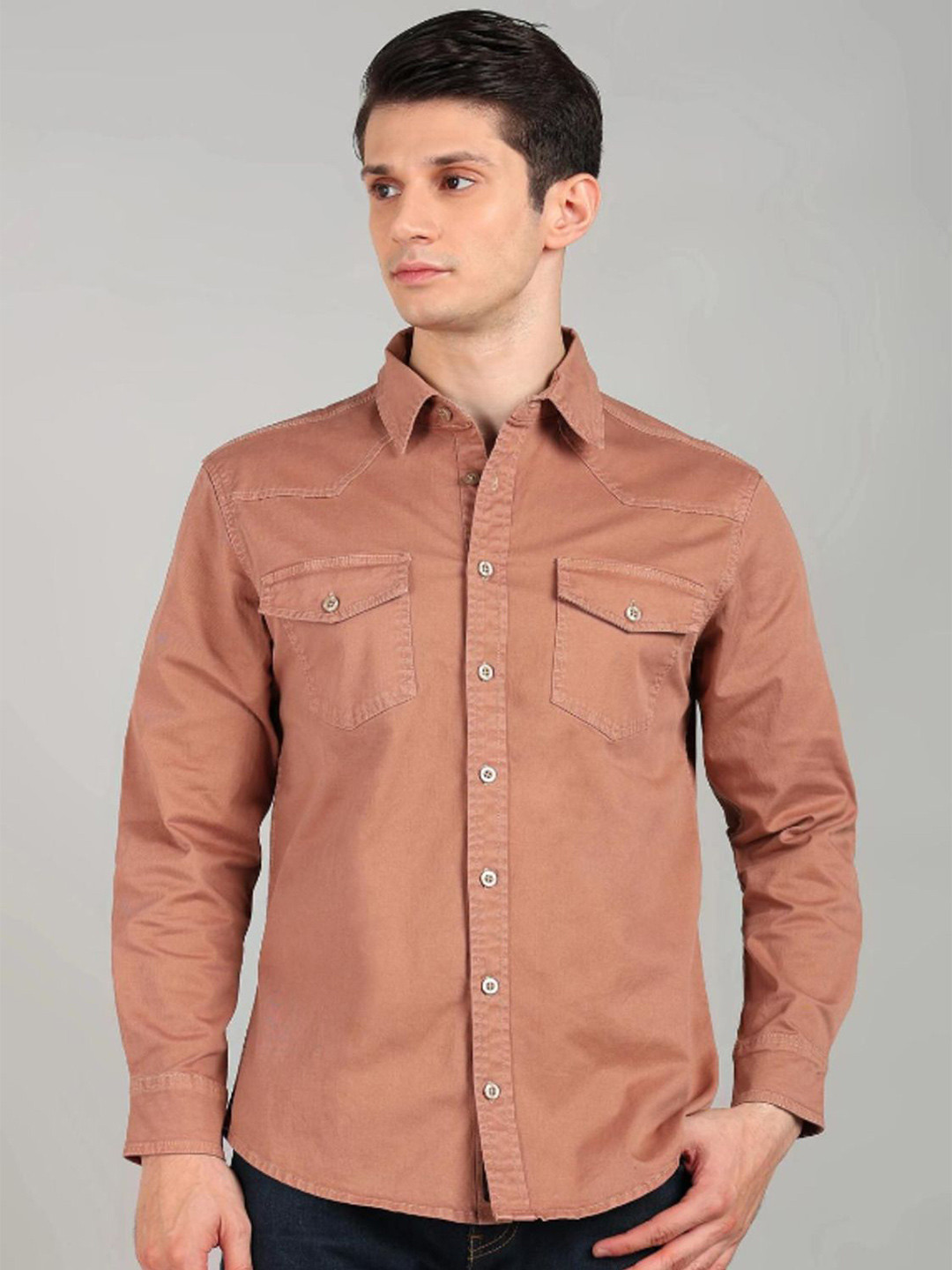 Gaucha Men Solid Spread Collar Cotton Casual Shirt