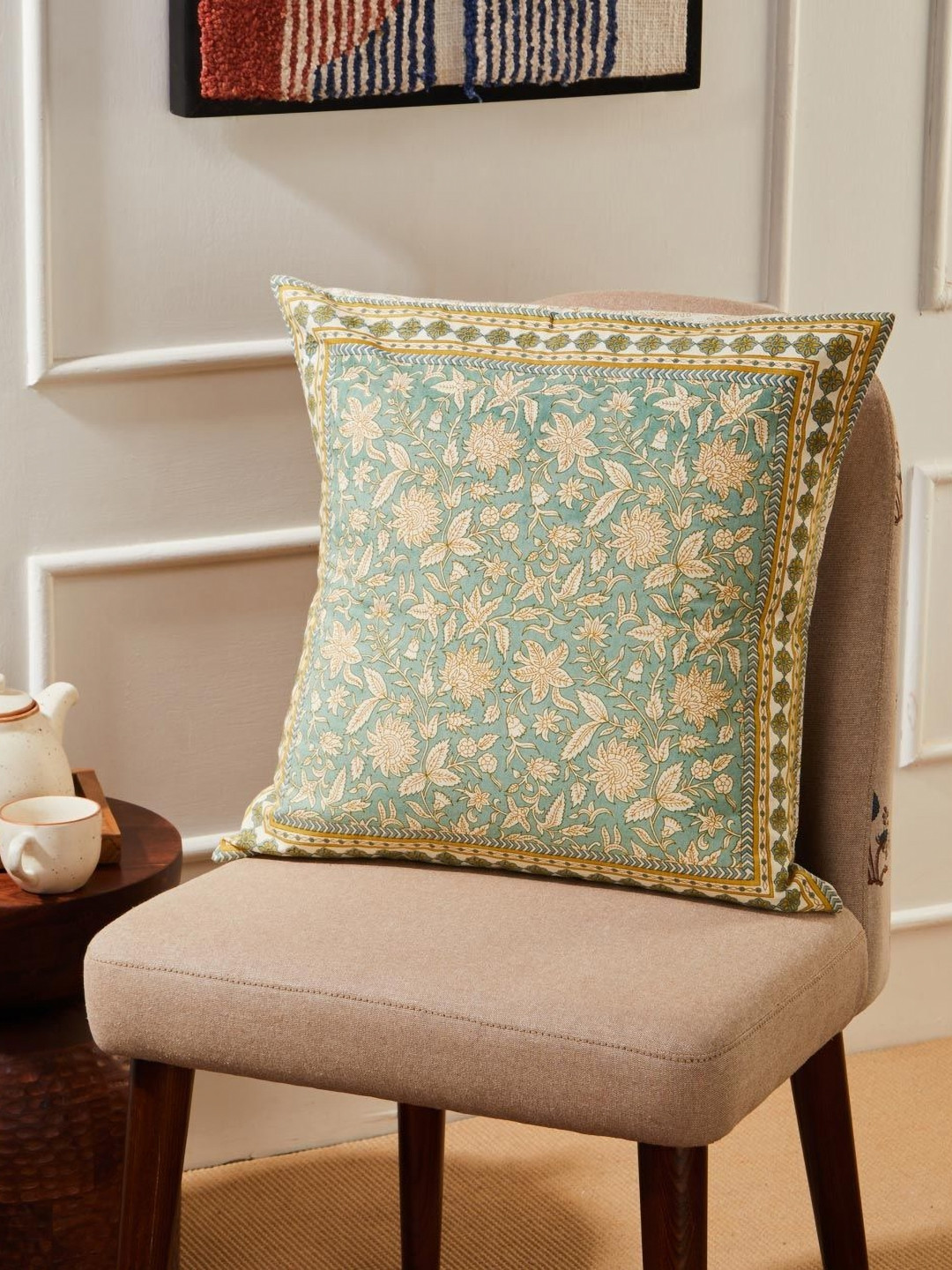 Fabindia Ambara Green & Cream Colored Floral Printed Cotton Square Cushion Cover