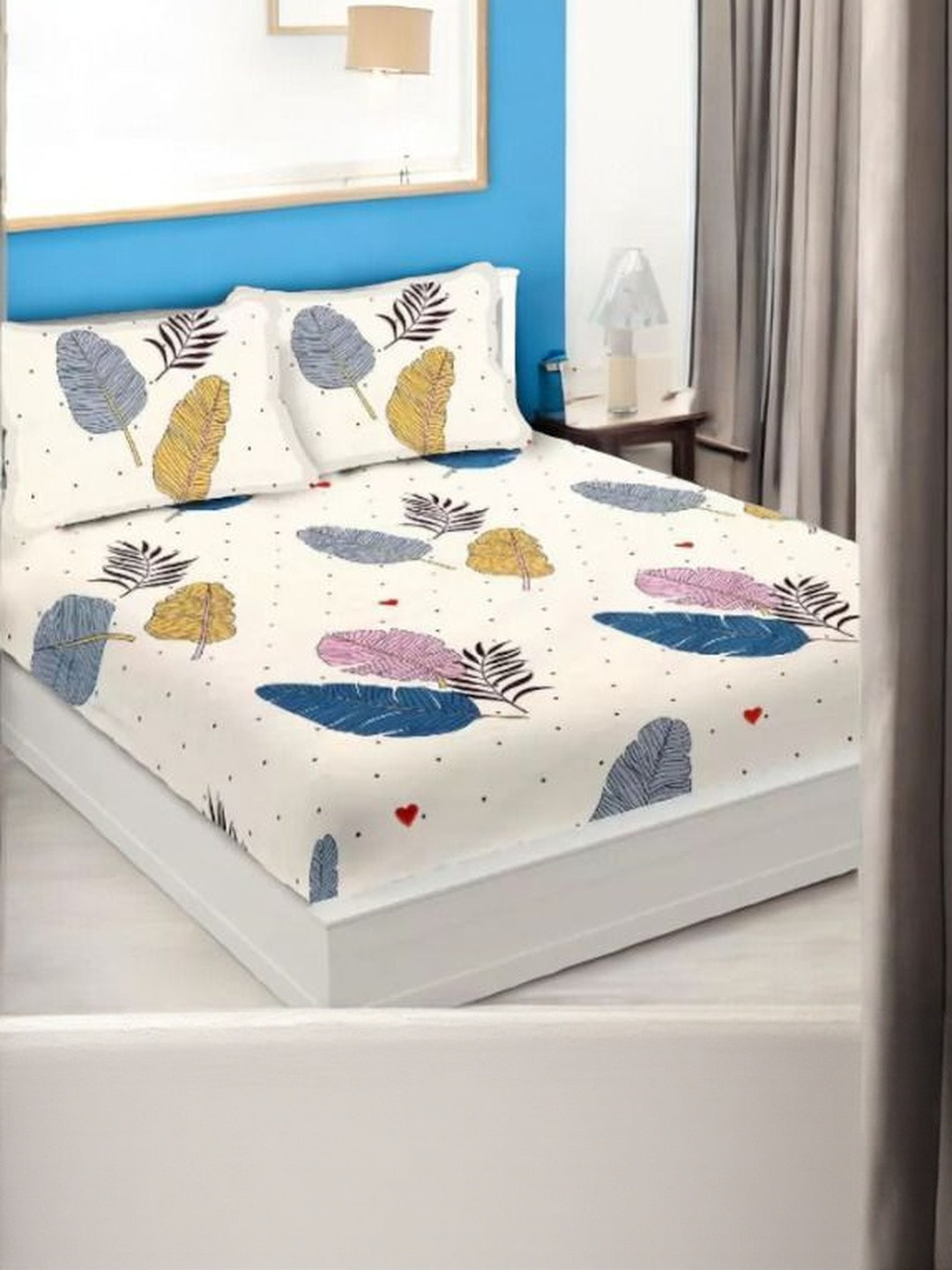 WELLNEST White 300 TC Cotton Fitted Queen Bedsheets
