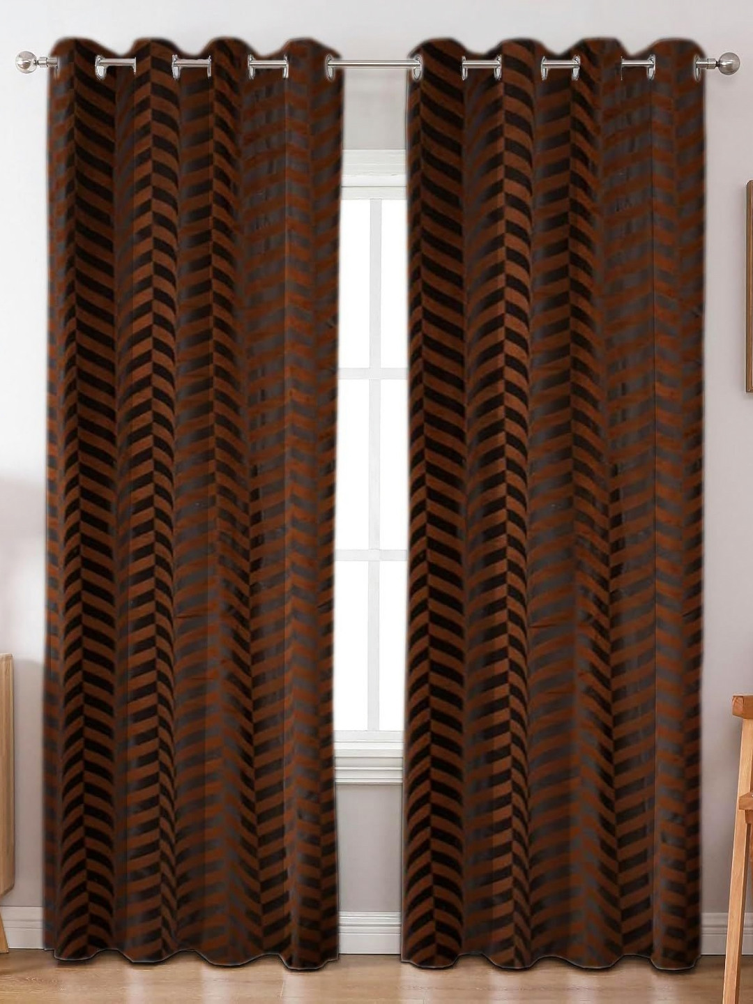 Aura Coffee Brown 2 Pieces Striped Velvet Black Out Door Curtains