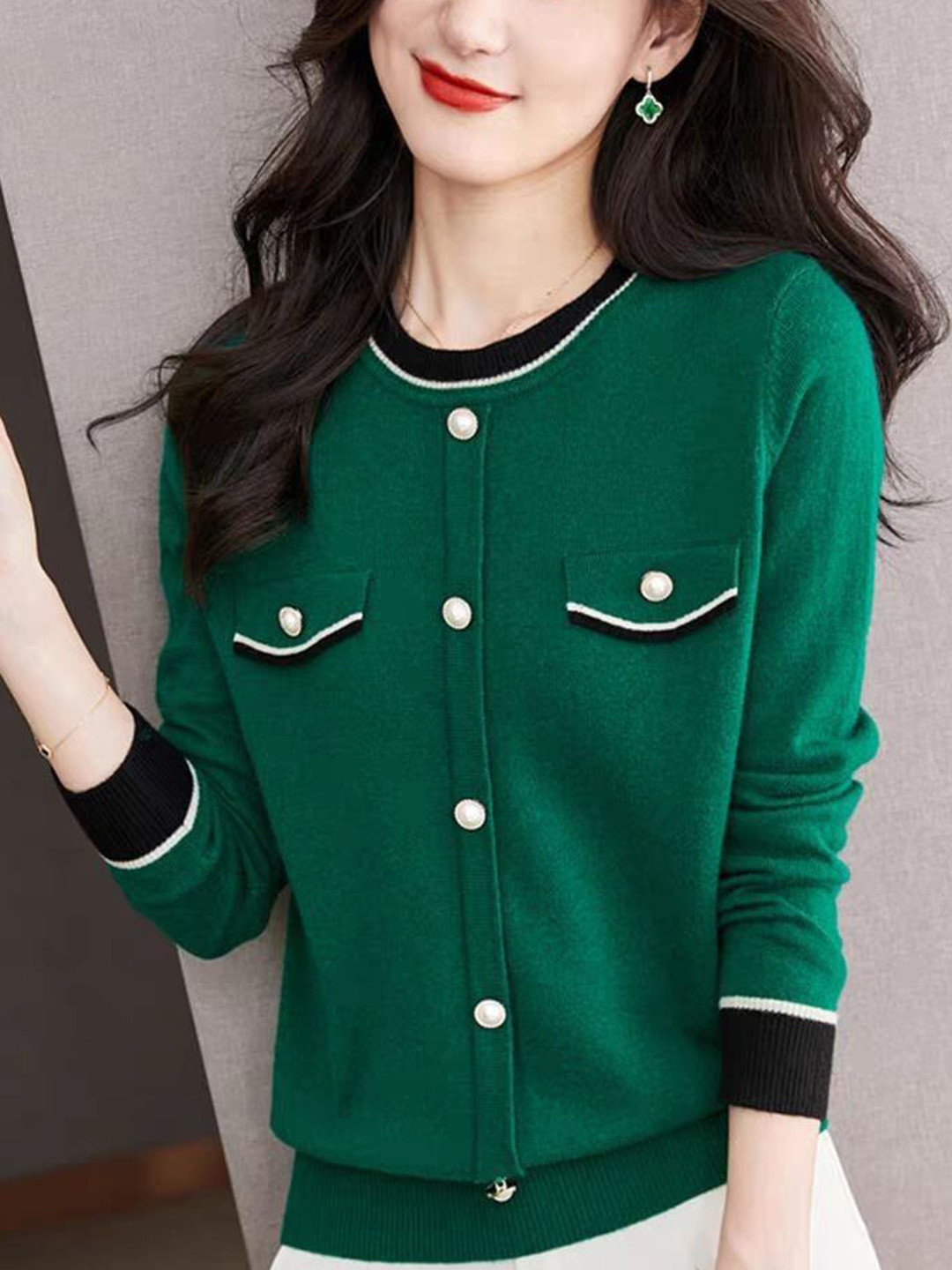 StyleCast Classic Round Neck Contrast Trim Knit Cardigan With Pearls Buttons