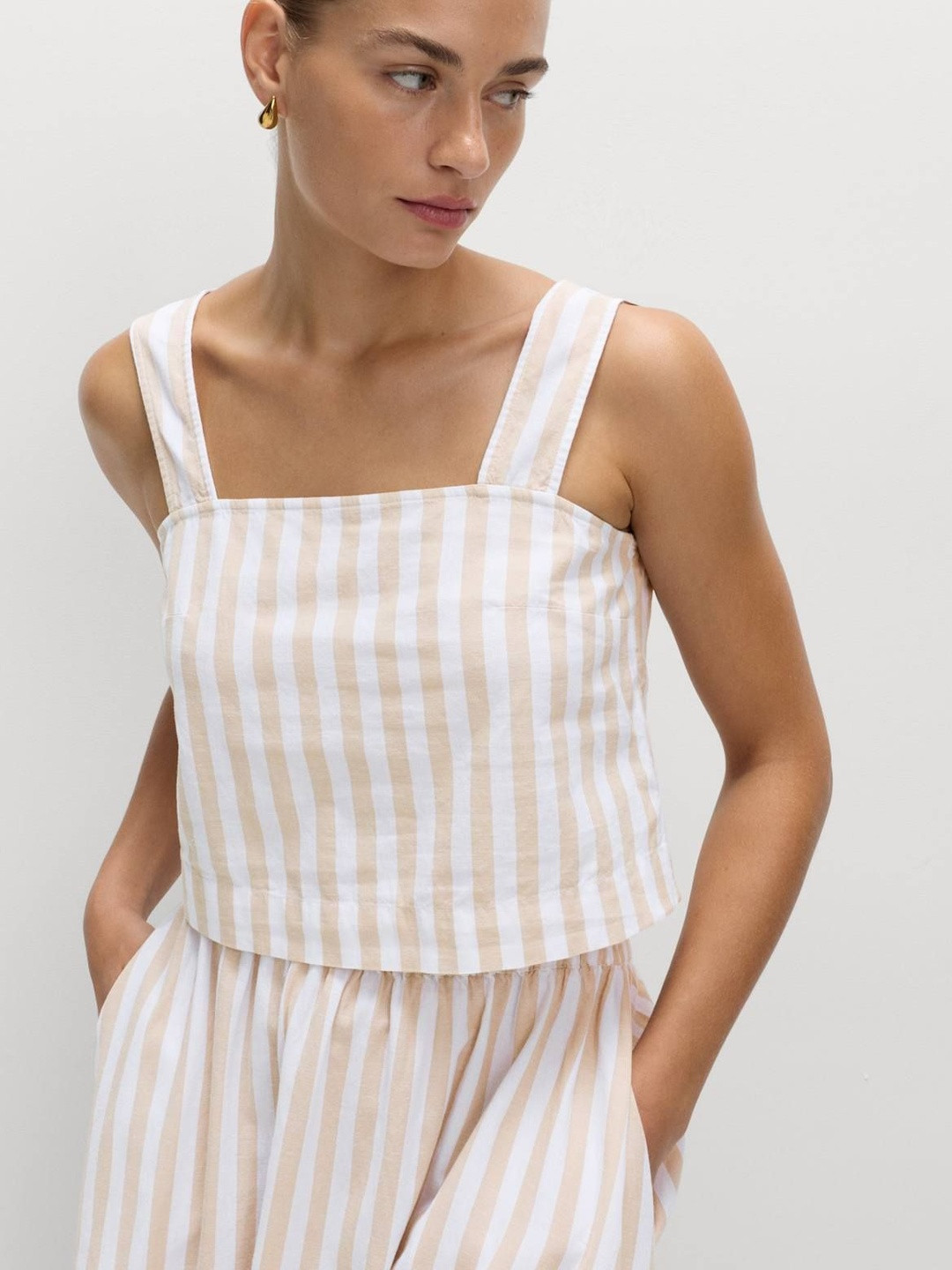 Marks & Spencer Women Striped Cotton Crop Shoulder Straps Top