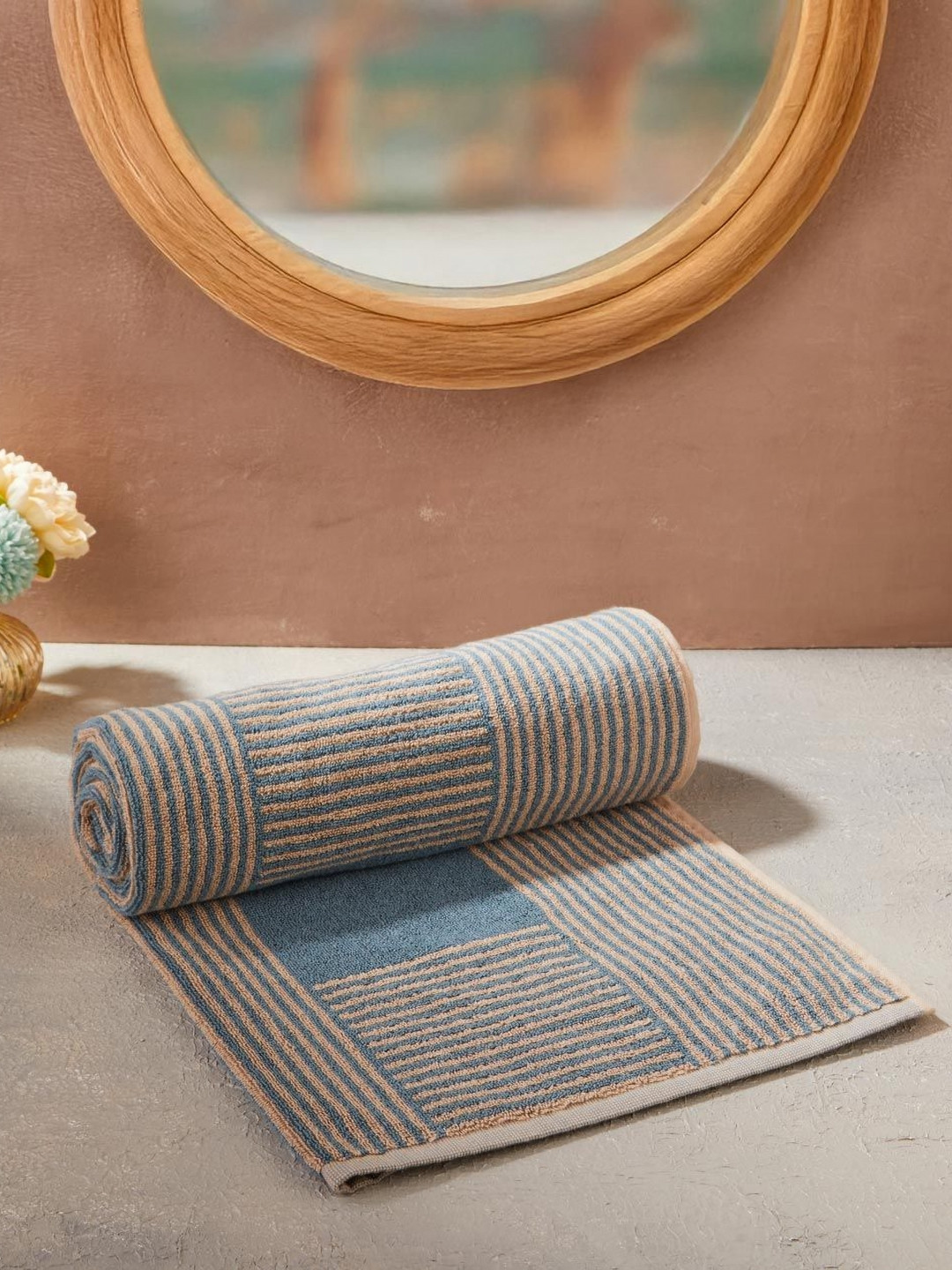 Fabindia Teal & Brown Striped Cotton 570 GSM Bath Towel