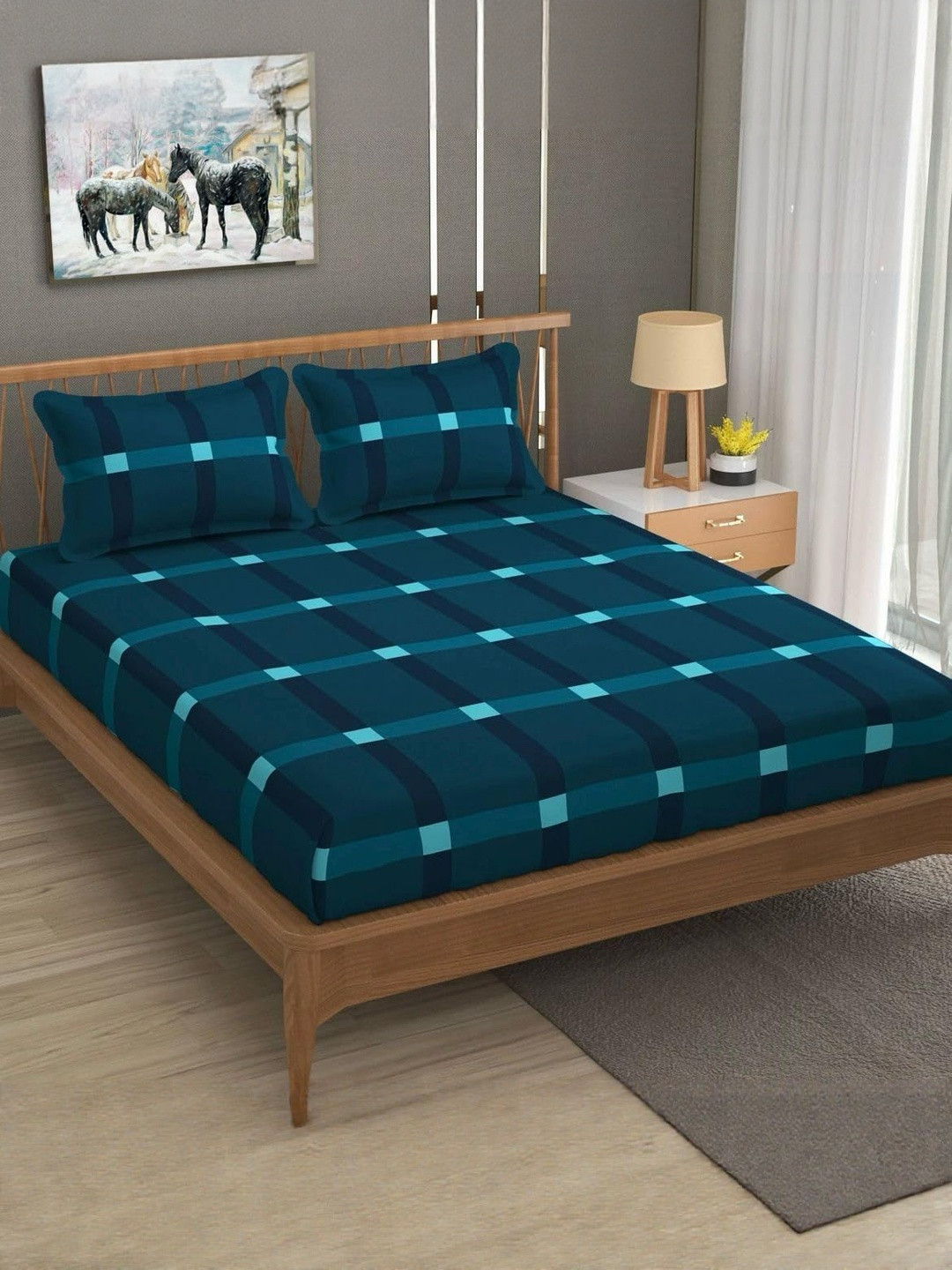 NEW TOWN Multicoloured 210 TC Cotton Fitted Queen Bedsheets With 2 Pillow Covers