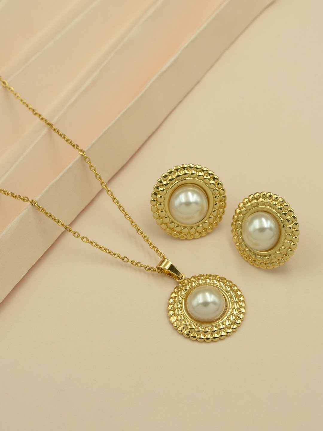 ARTKLIM Stainless Steel Gold-Plated Pearls Beaded Pendant With Chain & Earrings