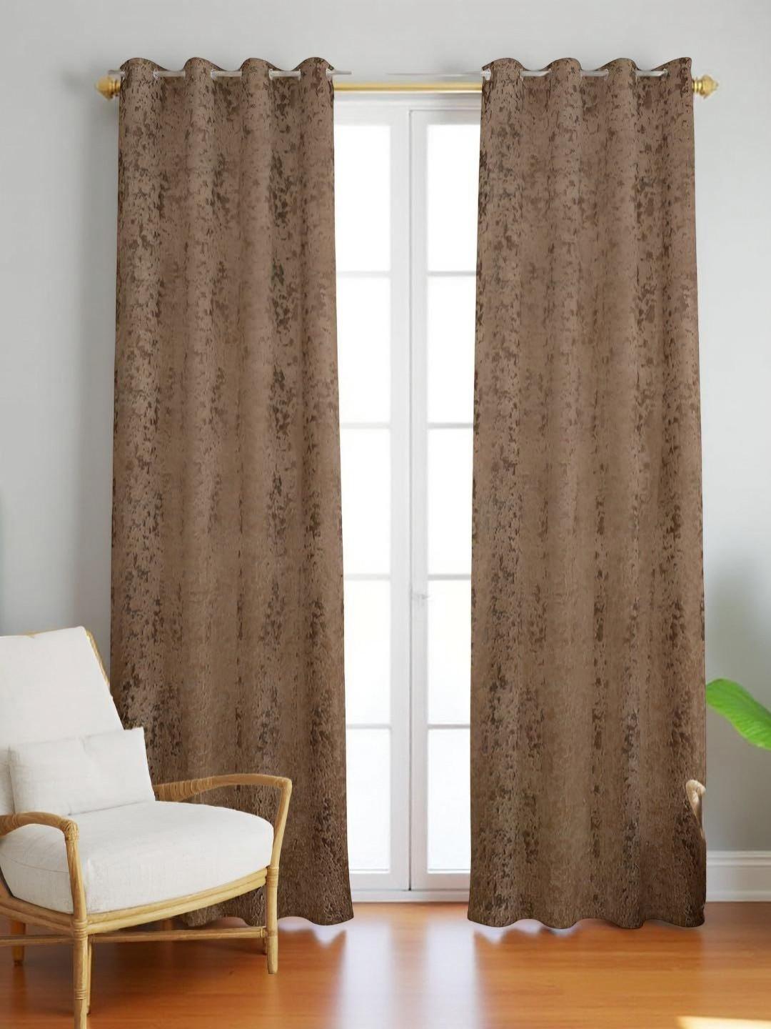 Aura Brown 2 Pieces Self Design Breathable Room Darkening Velvet Long Door Curtains