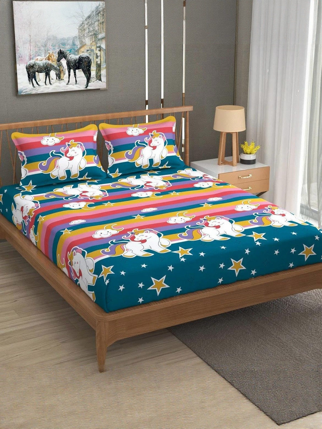 NEW TOWN Graphic 210 TC Queen Bedsheet with 2 Pillow Covers