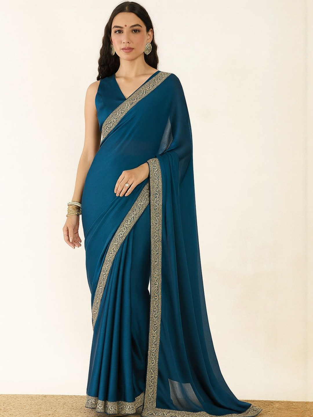 Branzios Embroidered Sequinned Border Saree With Unstitched Blouse Piece